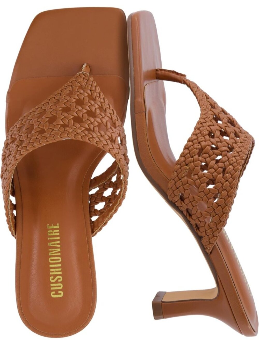 Women's Cognac Square Toe Woven Braided Spryte Flared Slip On Mule Kitten Heels